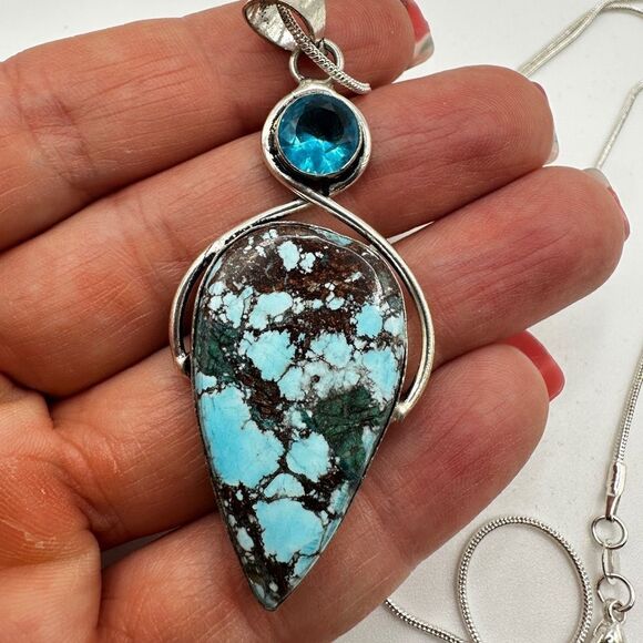 AMAZING Sterling Silver Turquoise and Swiss B. Topaz Pendant, 21" 925 necklace!! - Picture 8 of 11